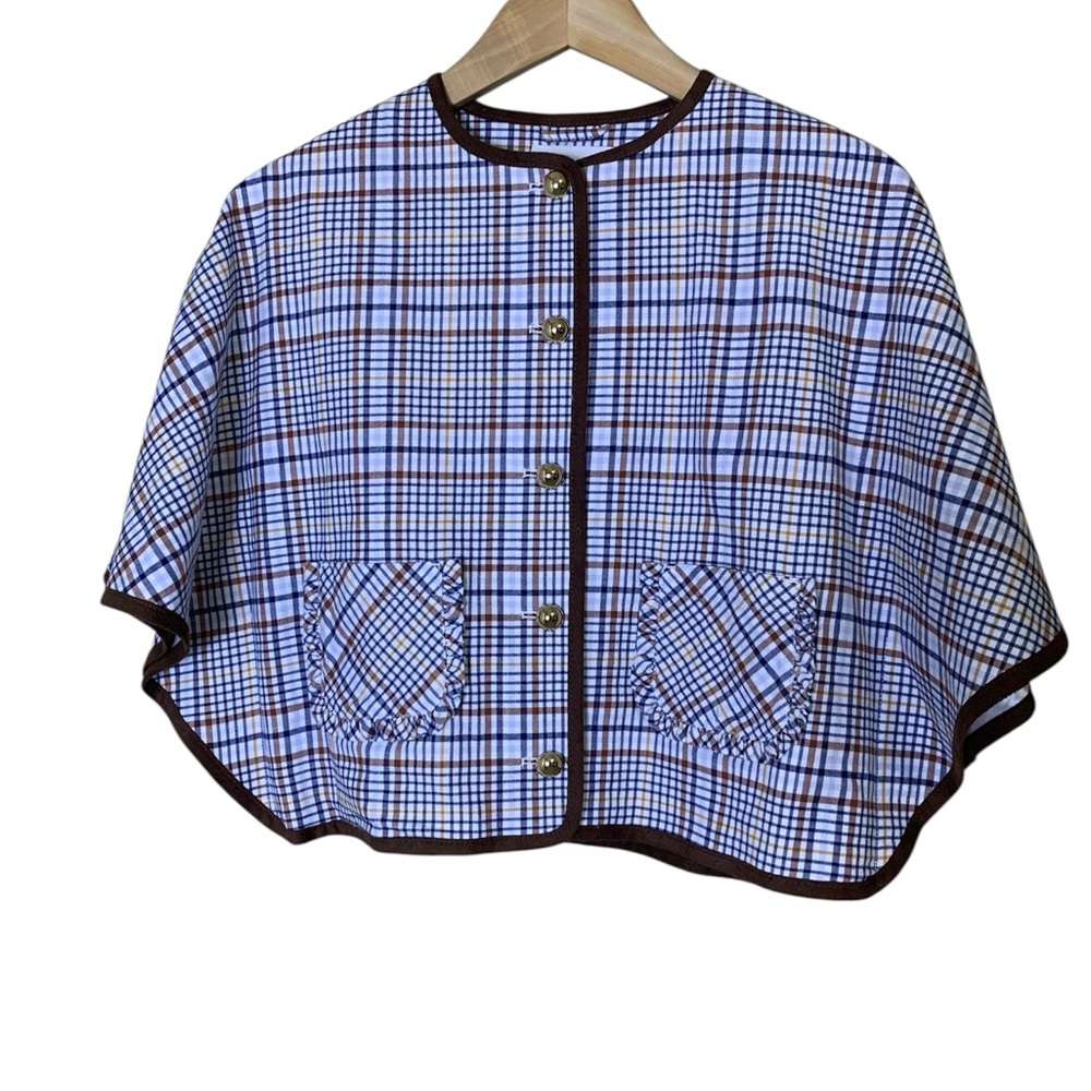 Janie and Jack Plaid Cape Jacket Girls 7-8 Blue Brown Button Front Ruffle Pocket